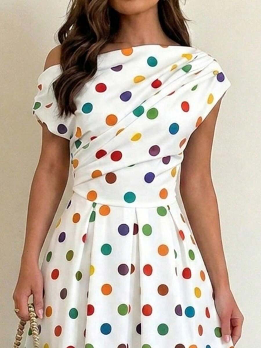 Polka Dot Off Shoulder Ruched Fit and Flare Wedding Guest Midi Dress