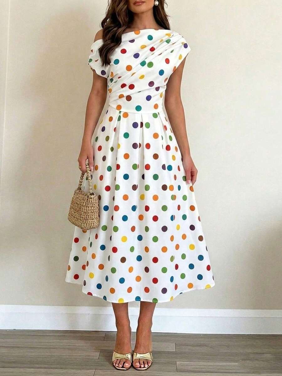 Polka Dot Off Shoulder Ruched Fit and Flare Wedding Guest Midi Dress