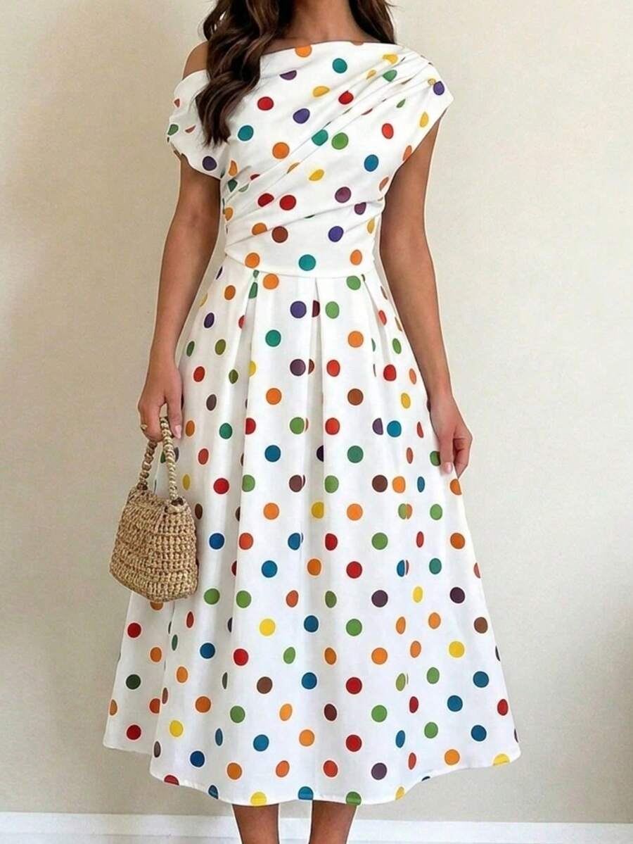 Polka Dot Off Shoulder Ruched Fit and Flare Wedding Guest Midi Dress