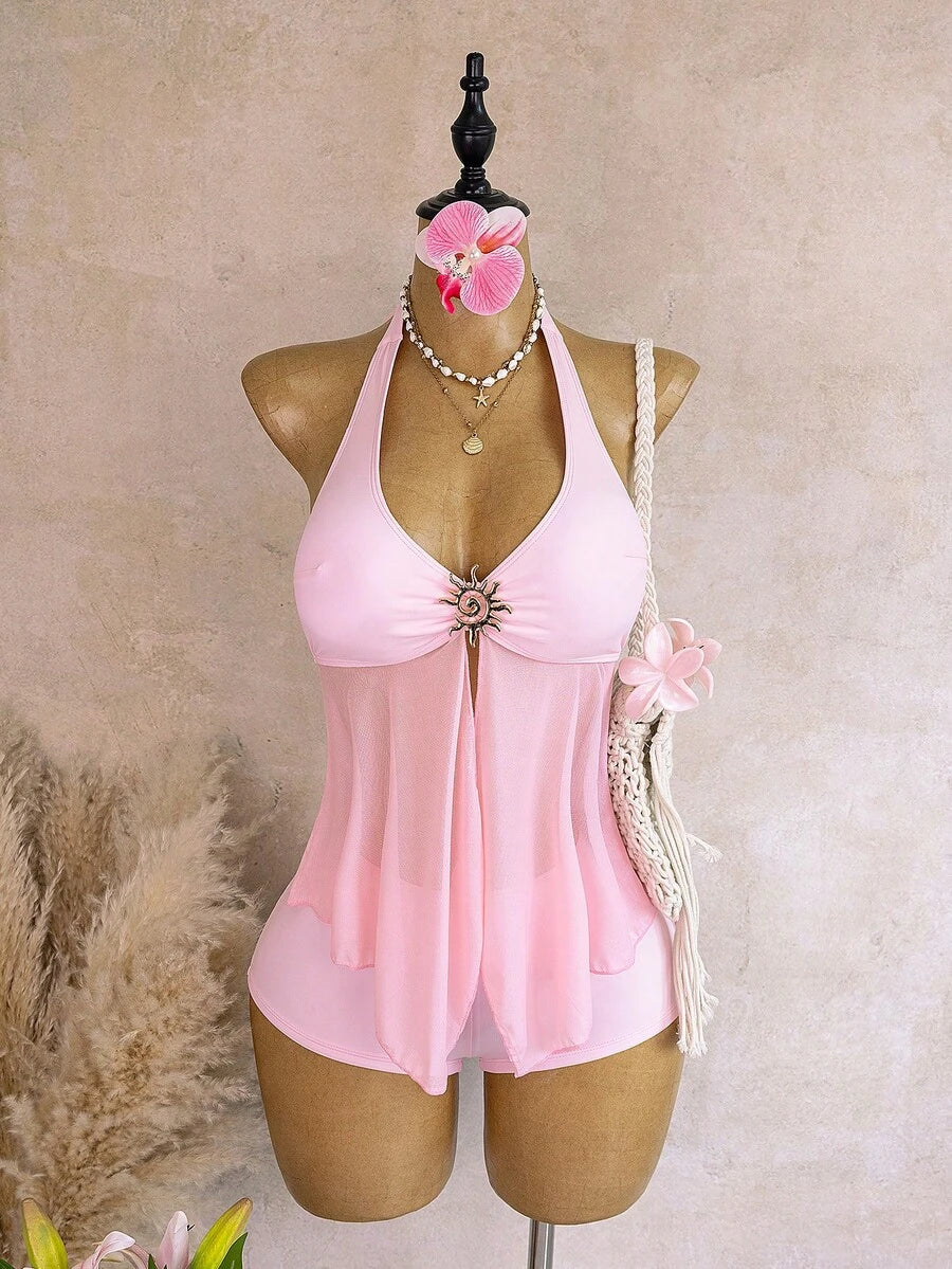Halter Neck V-Neck Mesh Panel Ruched Tankini with Shorts