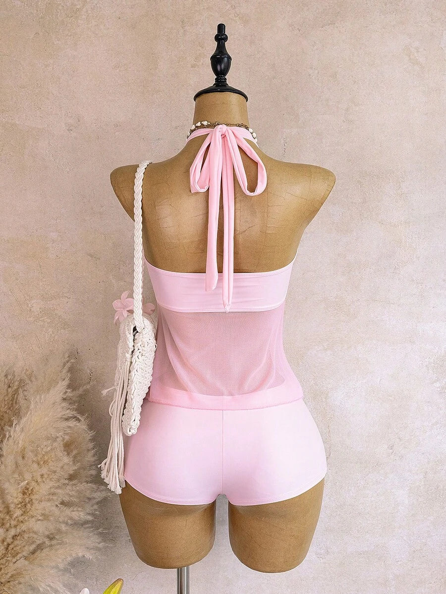 Halter Neck V-Neck Mesh Panel Ruched Tankini with Shorts
