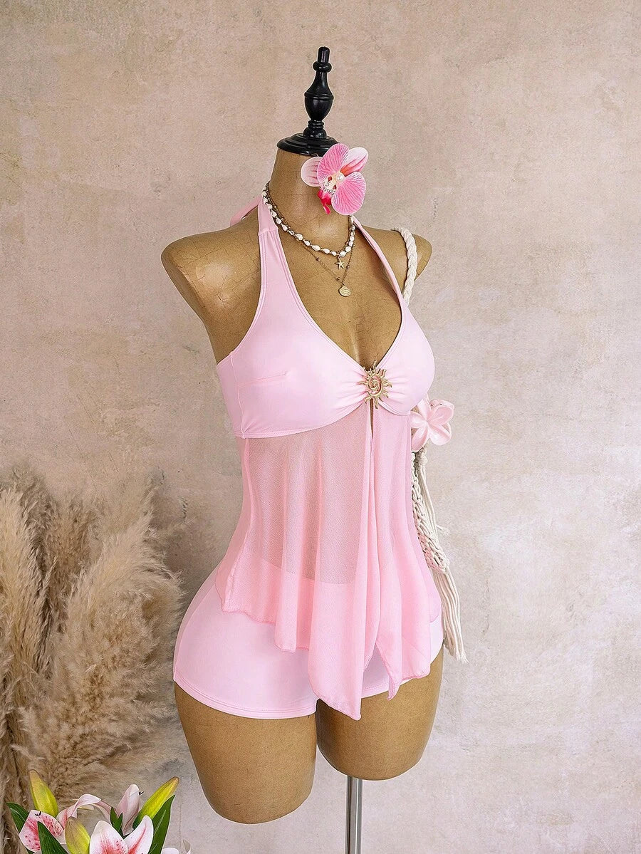 Halter Neck V-Neck Mesh Panel Ruched Tankini with Shorts