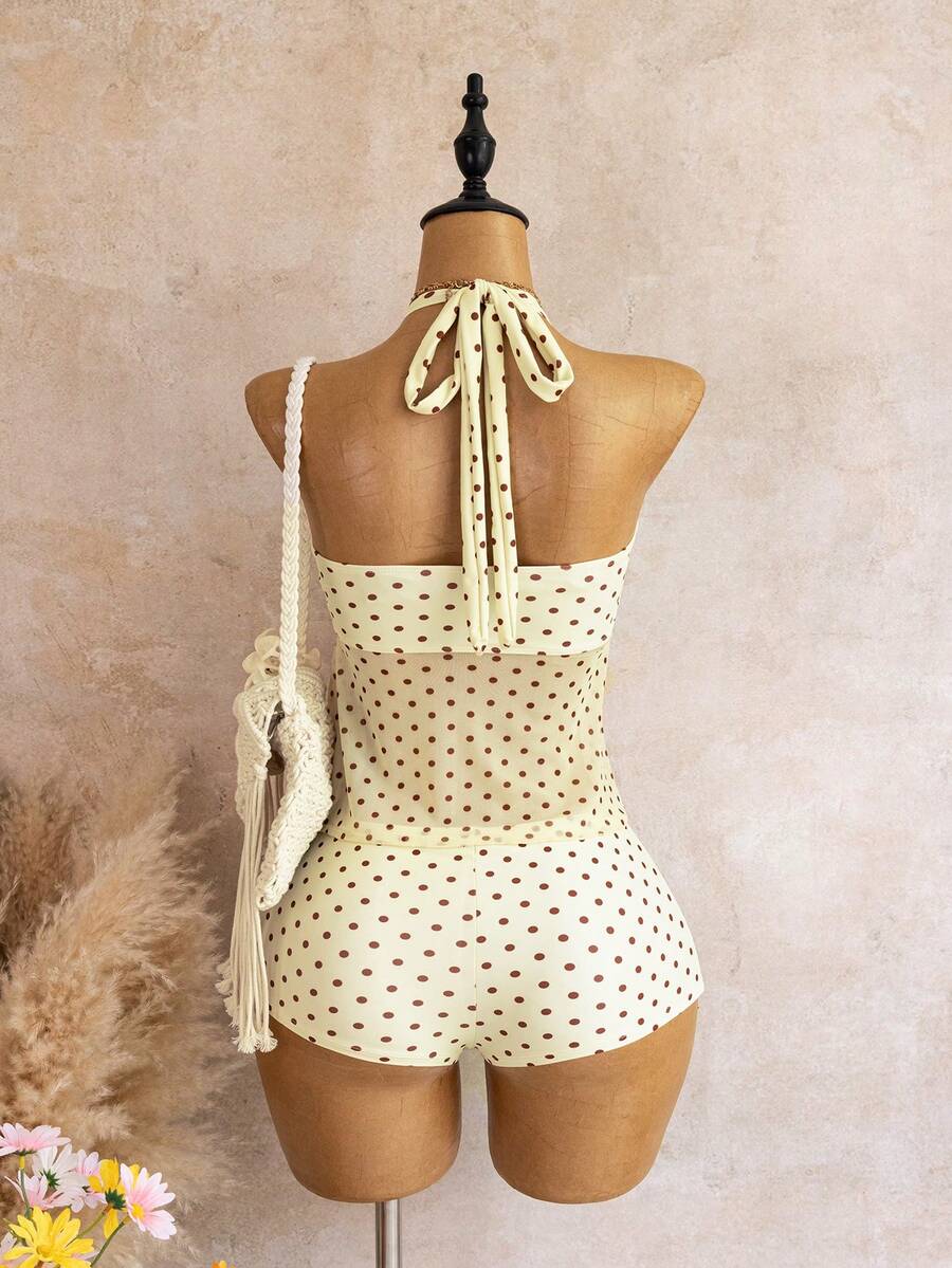Halter Neck V-Neck Mesh Panel Ruched Tankini with Shorts