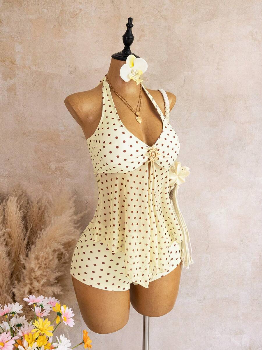 Halter Neck V-Neck Mesh Panel Ruched Tankini with Shorts