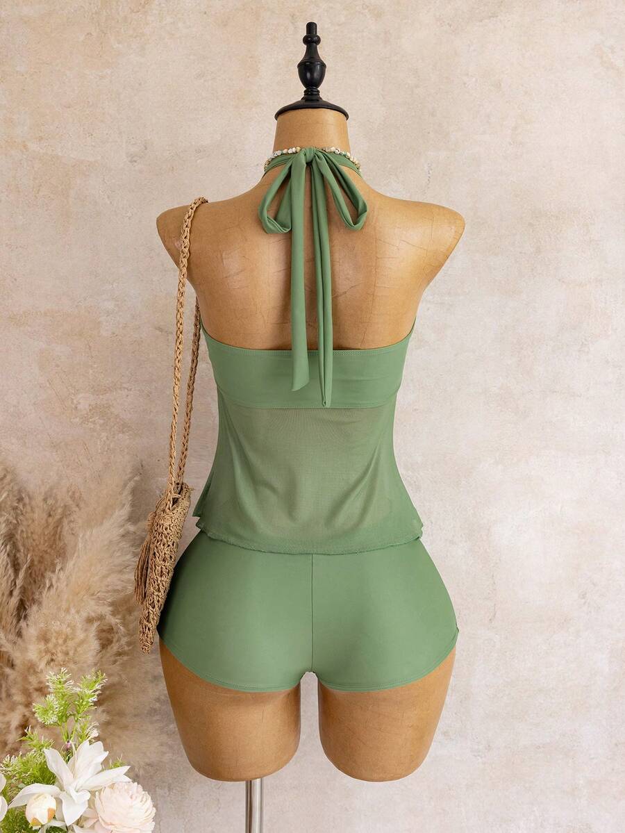 Halter Neck V-Neck Mesh Panel Ruched Tankini with Shorts