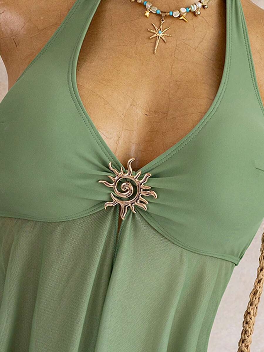 Halter Neck V-Neck Mesh Panel Ruched Tankini with Shorts