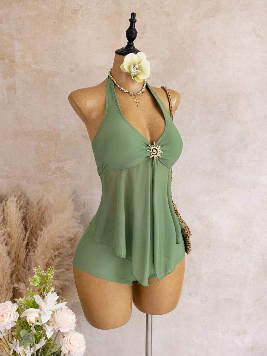 Halter Neck V-Neck Mesh Panel Ruched Tankini with Shorts