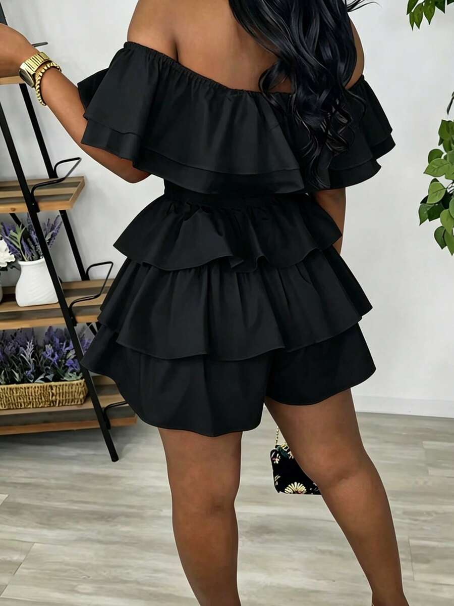 Off-Shoulder Ruffle Tiered Summer Playsuit Set