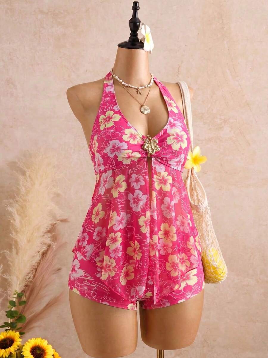 Halter Neck V-Neck Mesh Panel Ruched Tankini with Shorts