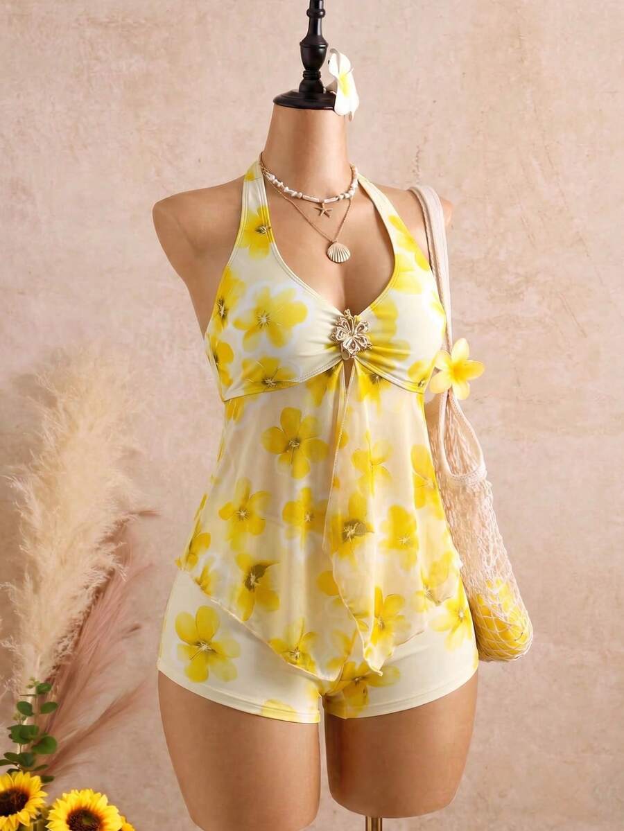 Halter Neck V-Neck Mesh Panel Ruched Tankini with Shorts