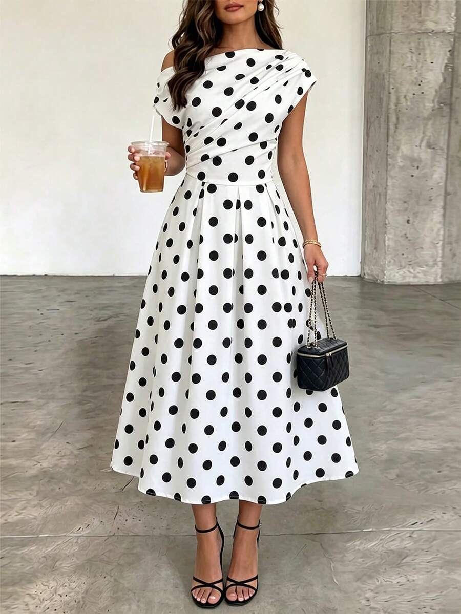 Polka Dot Off Shoulder Ruched Fit and Flare Wedding Guest Midi Dress