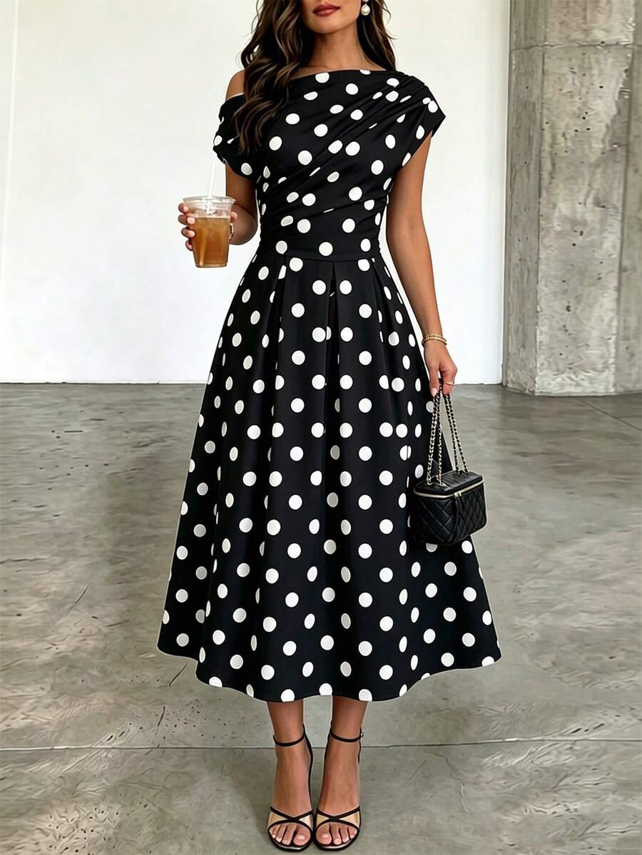 Polka Dot Off Shoulder Ruched Fit and Flare Wedding Guest Midi Dress