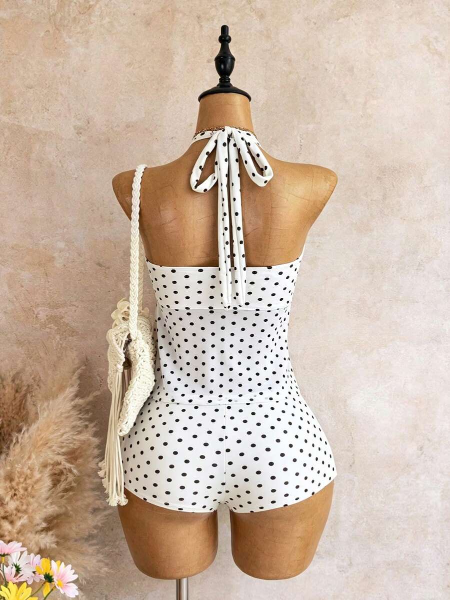 Halter Neck V-Neck Mesh Panel Ruched Tankini with Shorts