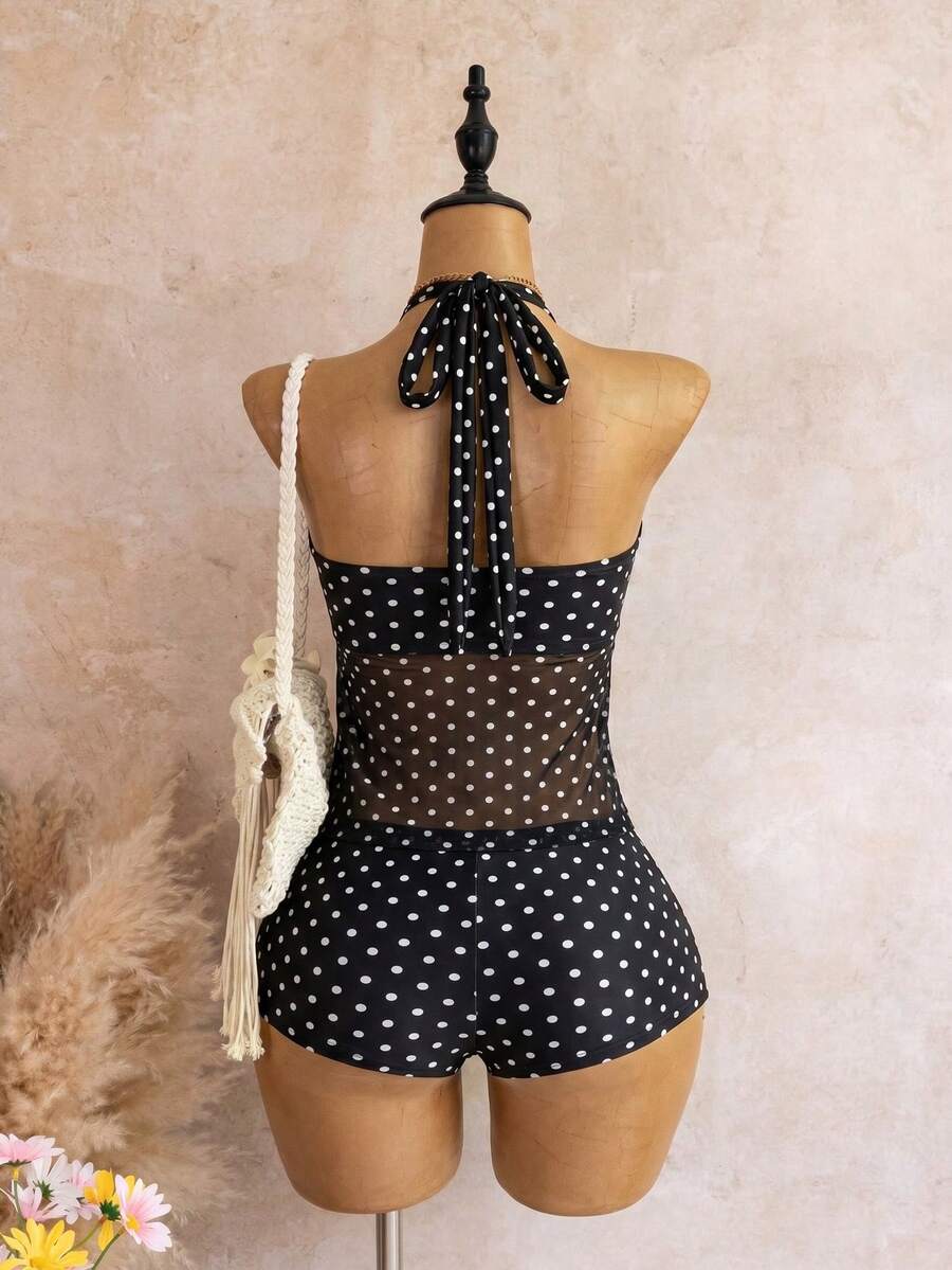 Halter Neck V-Neck Mesh Panel Ruched Tankini with Shorts