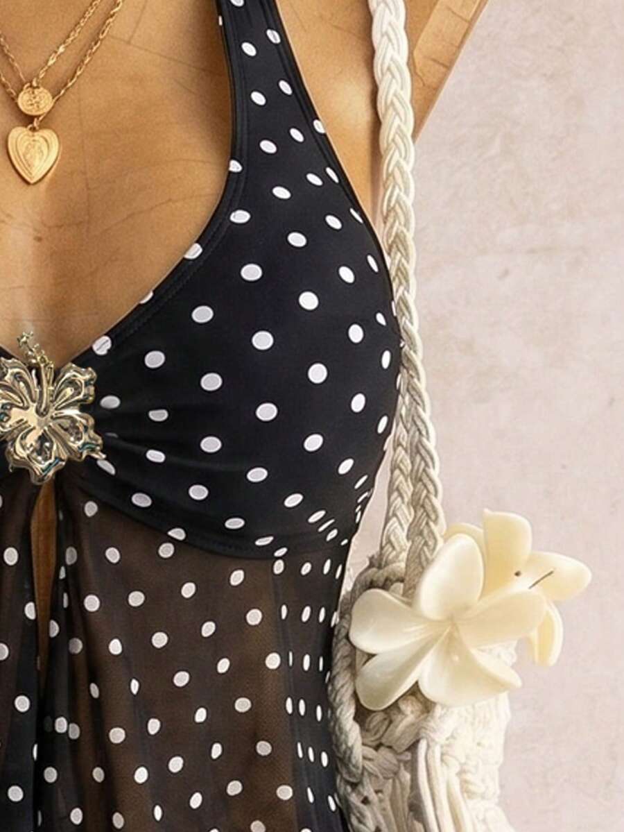 Halter Neck V-Neck Mesh Panel Ruched Tankini with Shorts