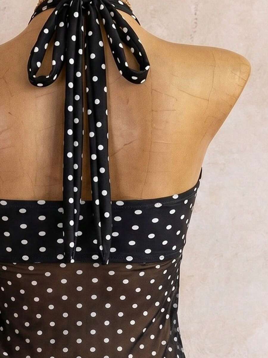 Halter Neck V-Neck Mesh Panel Ruched Tankini with Shorts