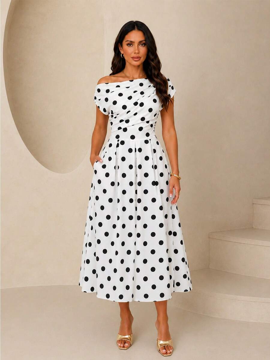 Polka Dot Off Shoulder Ruched Fit and Flare Wedding Guest Midi Dress