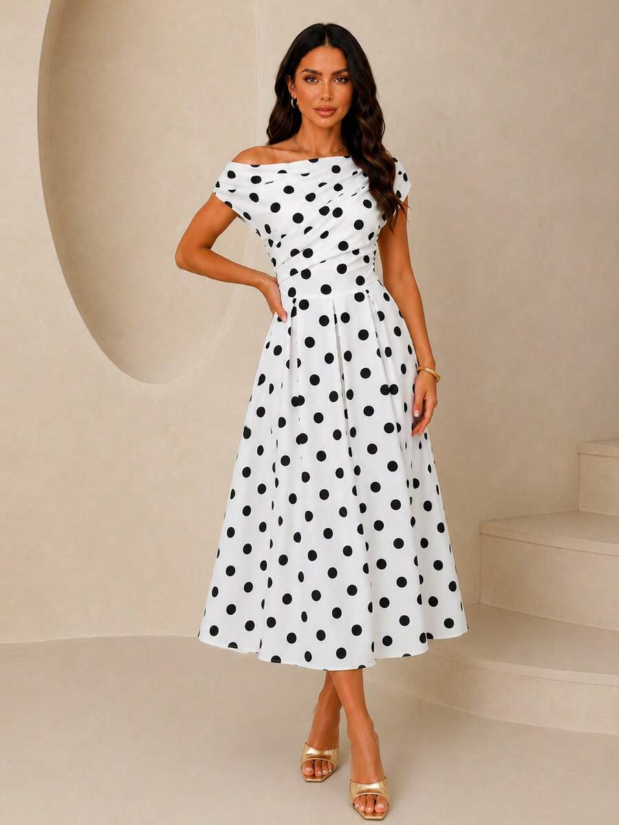 Polka Dot Off Shoulder Ruched Fit and Flare Wedding Guest Midi Dress