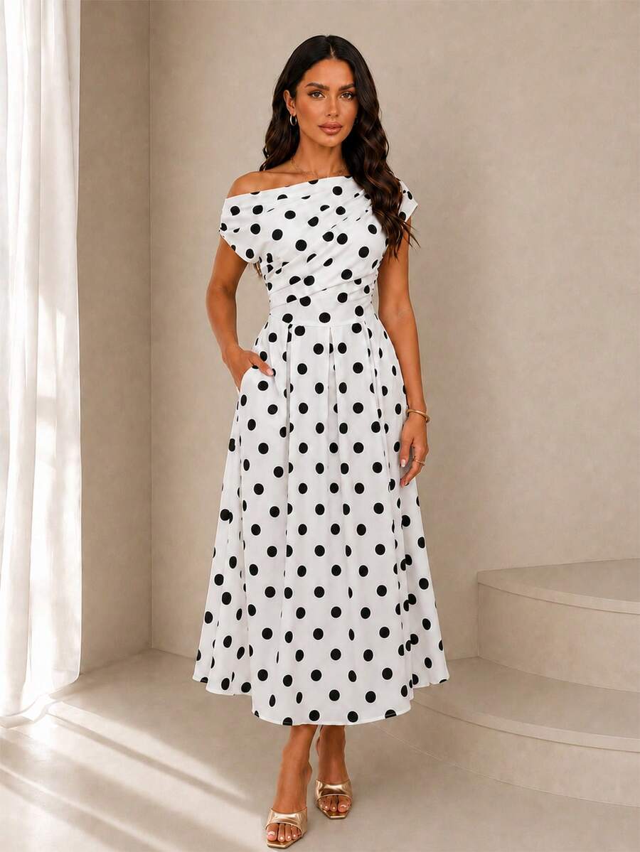 Polka Dot Off Shoulder Ruched Fit and Flare Wedding Guest Midi Dress