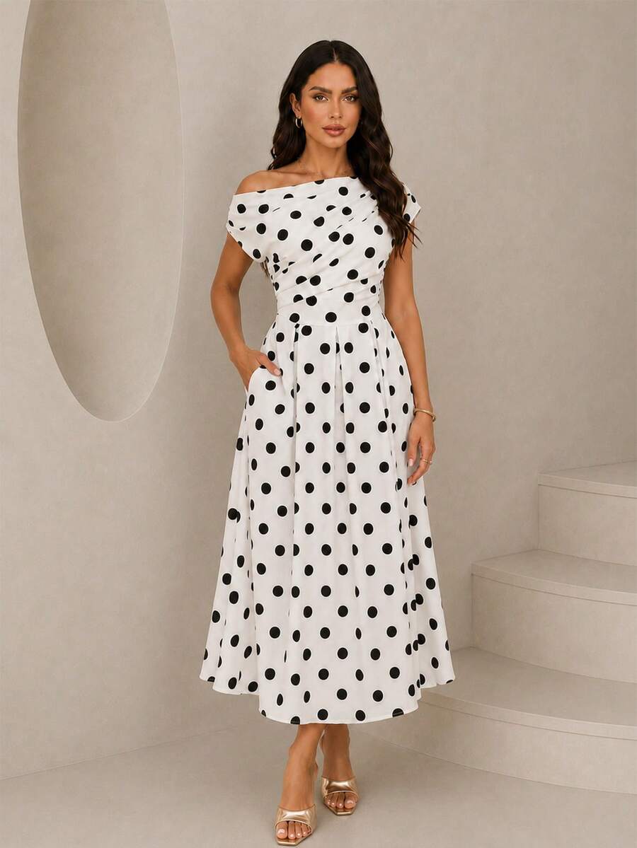 Polka Dot Off Shoulder Ruched Fit and Flare Wedding Guest Midi Dress