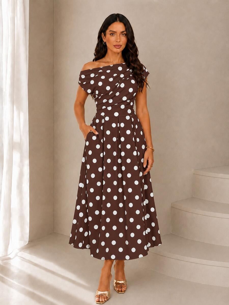Polka Dot Off Shoulder Ruched Fit and Flare Wedding Guest Midi Dress