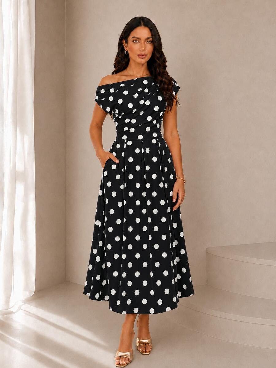 Polka Dot Off Shoulder Ruched Fit and Flare Wedding Guest Midi Dress