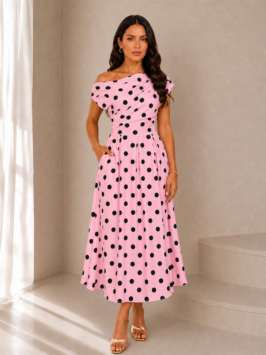 Polka Dot Off Shoulder Ruched Fit and Flare Wedding Guest Midi Dress