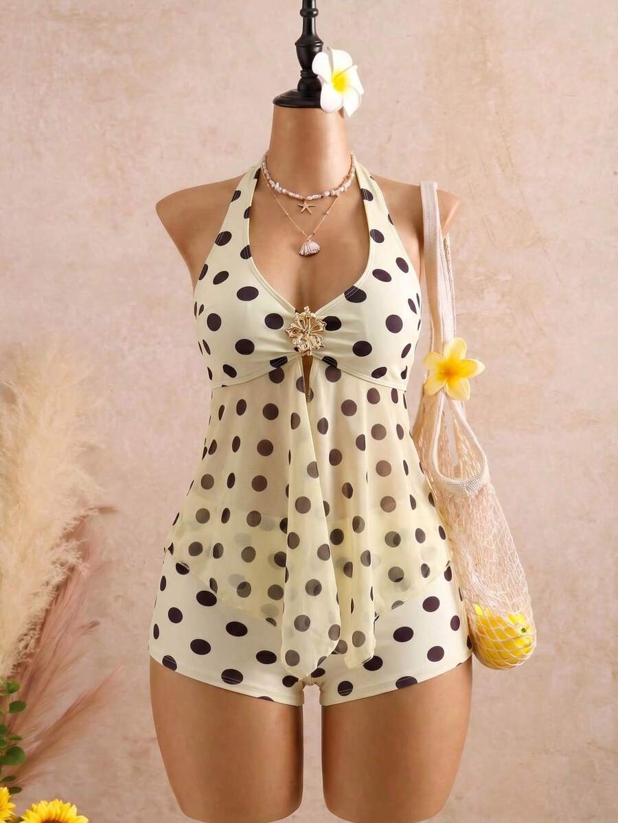 Halter Neck V-Neck Mesh Panel Ruched Tankini with Shorts