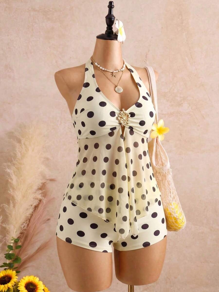 Halter Neck V-Neck Mesh Panel Ruched Tankini with Shorts