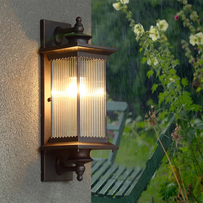 Classic Outdoor Wall Light - Ribbed Glass Lantern In Black Metal