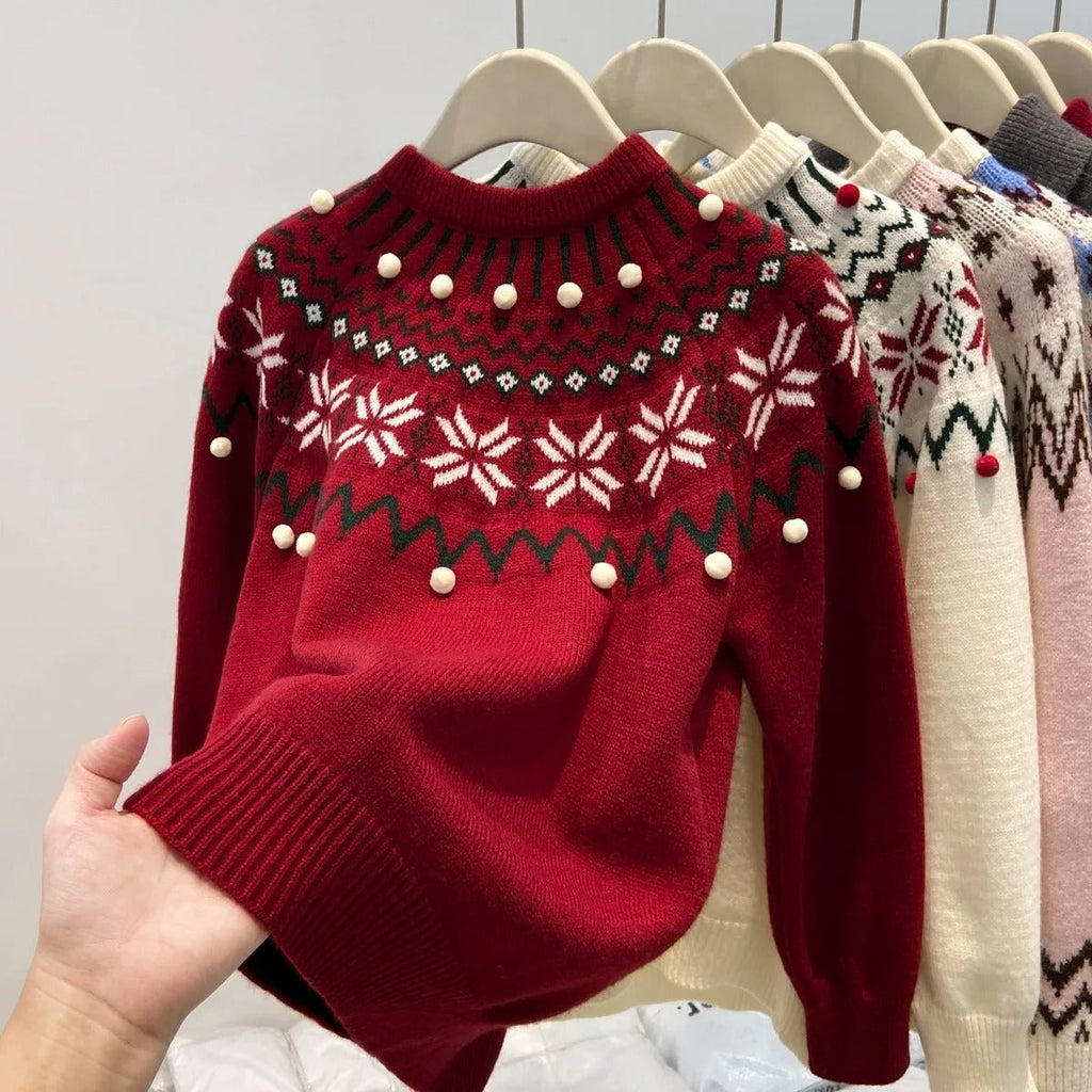 Women's Christmas Jacquard Knit Sweater – Cream White and Red Geometric Pattern Pullover