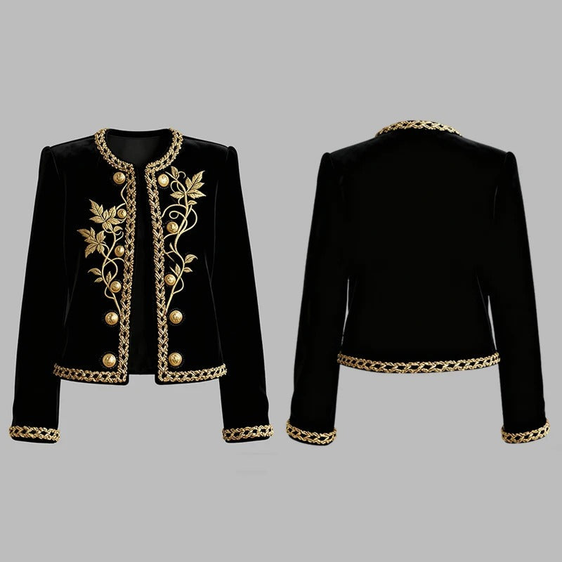 Women's Black Velvet Jacket – Gold Floral Embroidered Long Sleeve Button-Up Coat