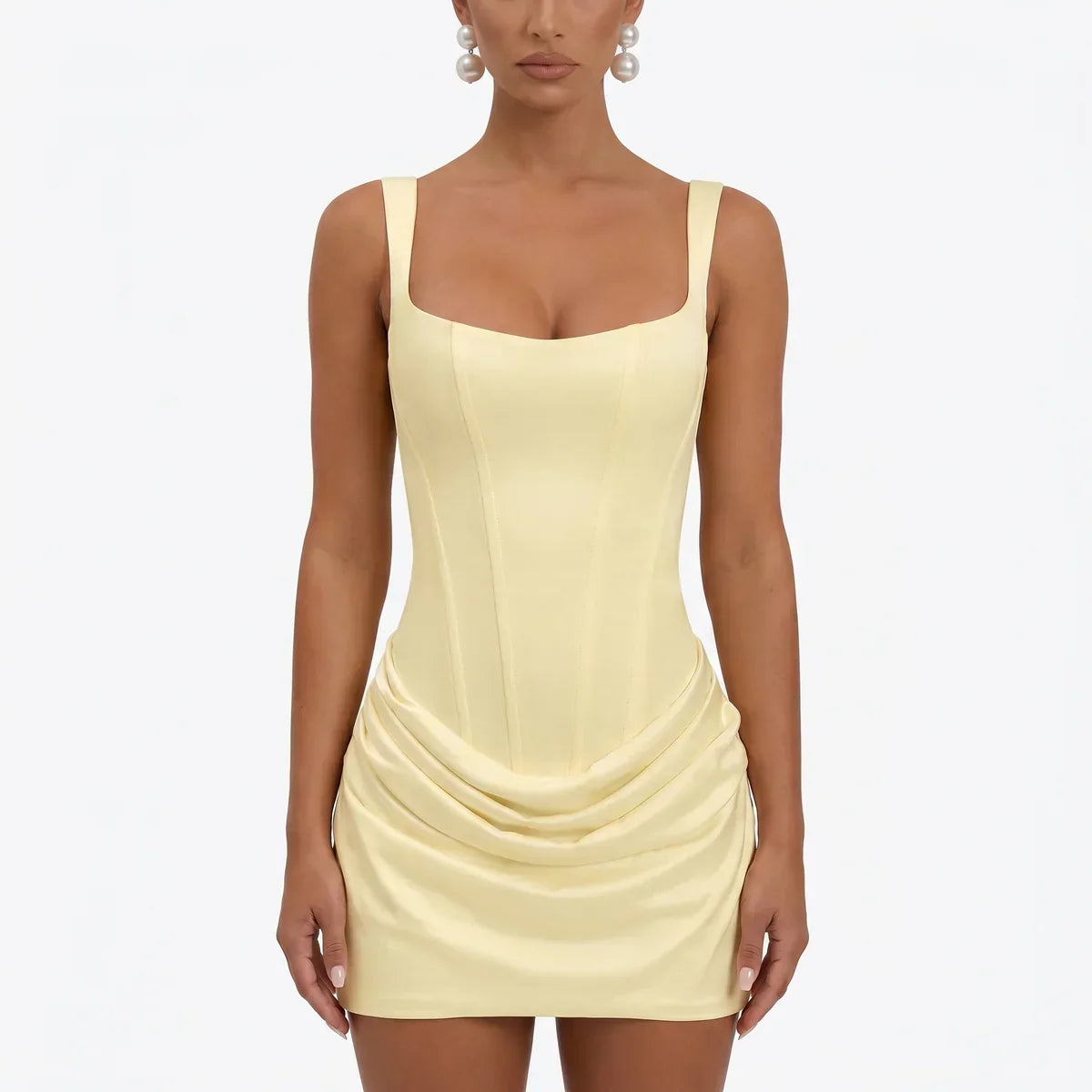 Square Neck Ruched Corset Satin Bodycon Mini Dress