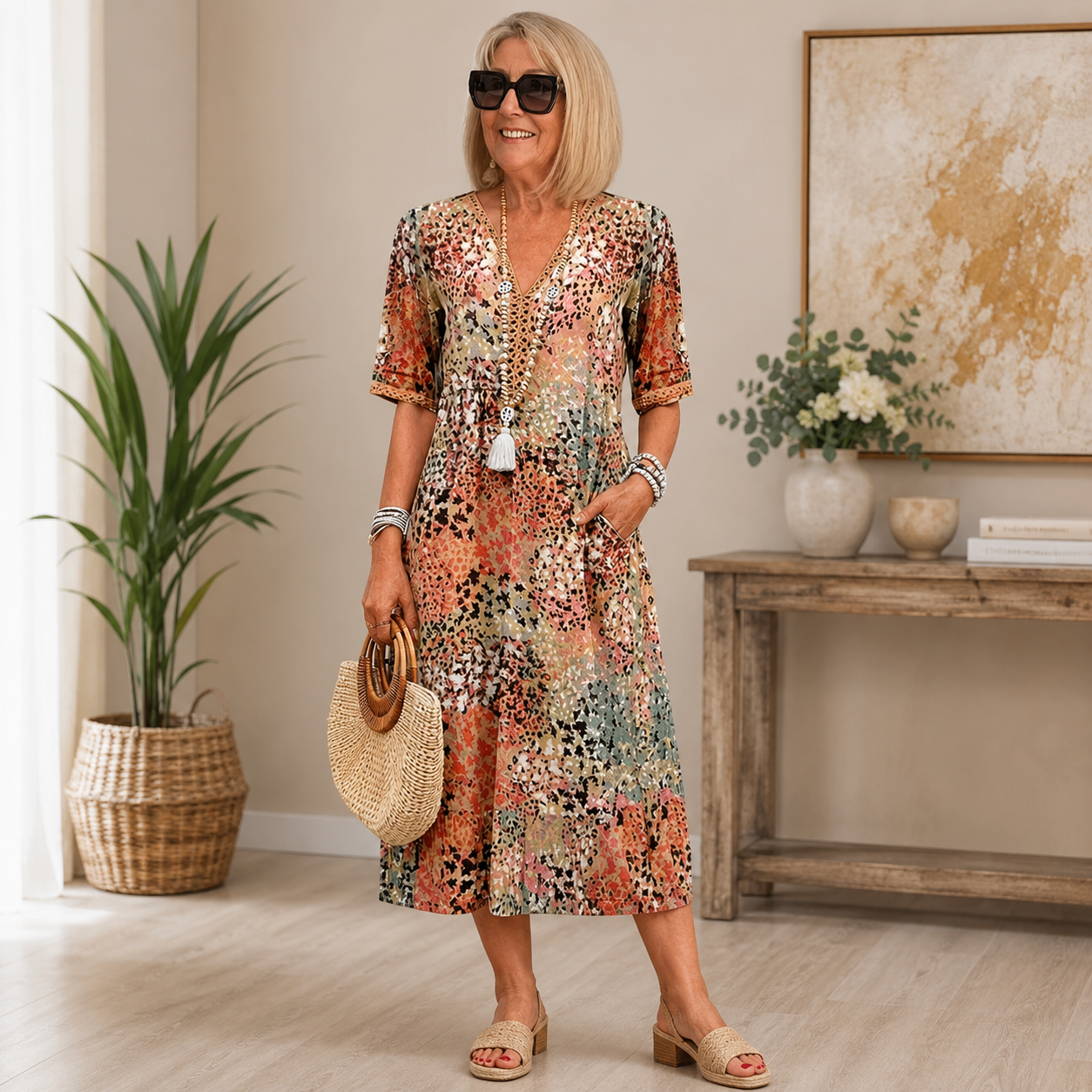 Abito midi floreale da donna – Abito estivo fluente con scollo a V