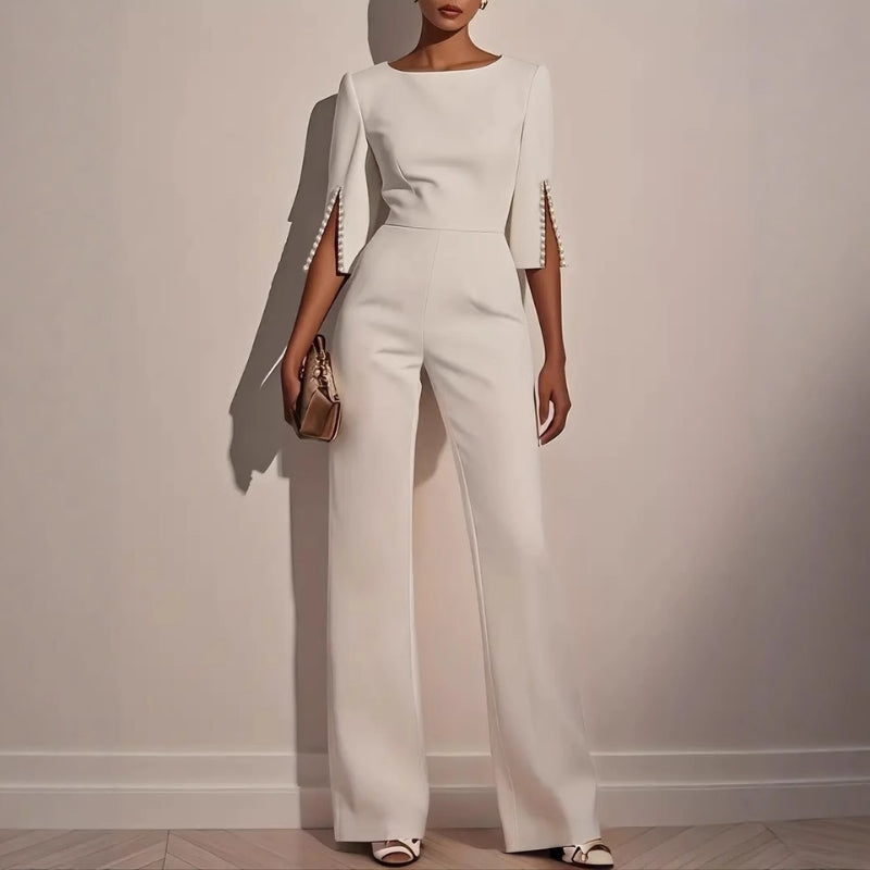 Boat Neck Split Sleeve Pearl Embellished Tailored Wide Leg Jumpsuit