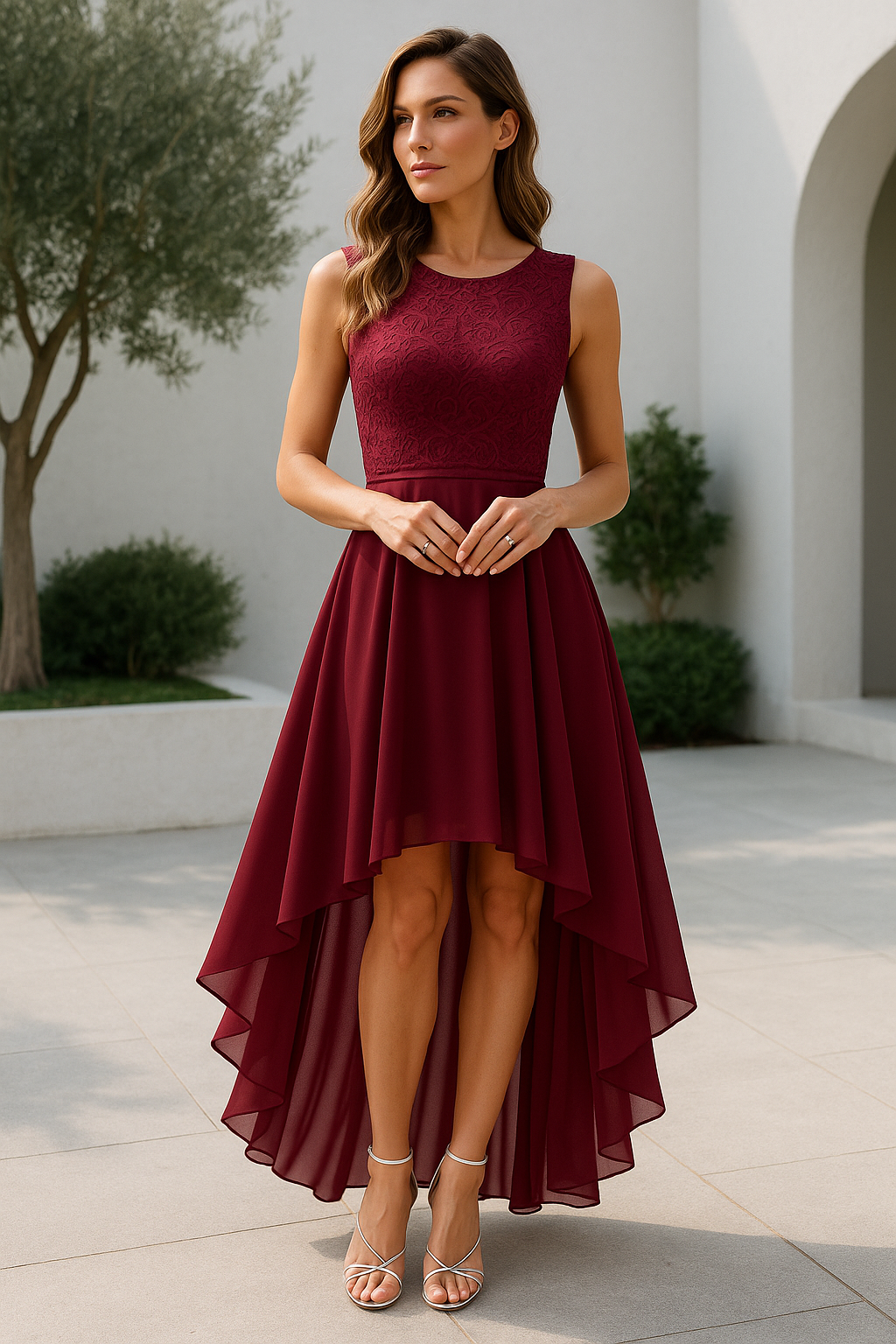 Elegant Sleeveless Midi Dress with Flowing Skirt
