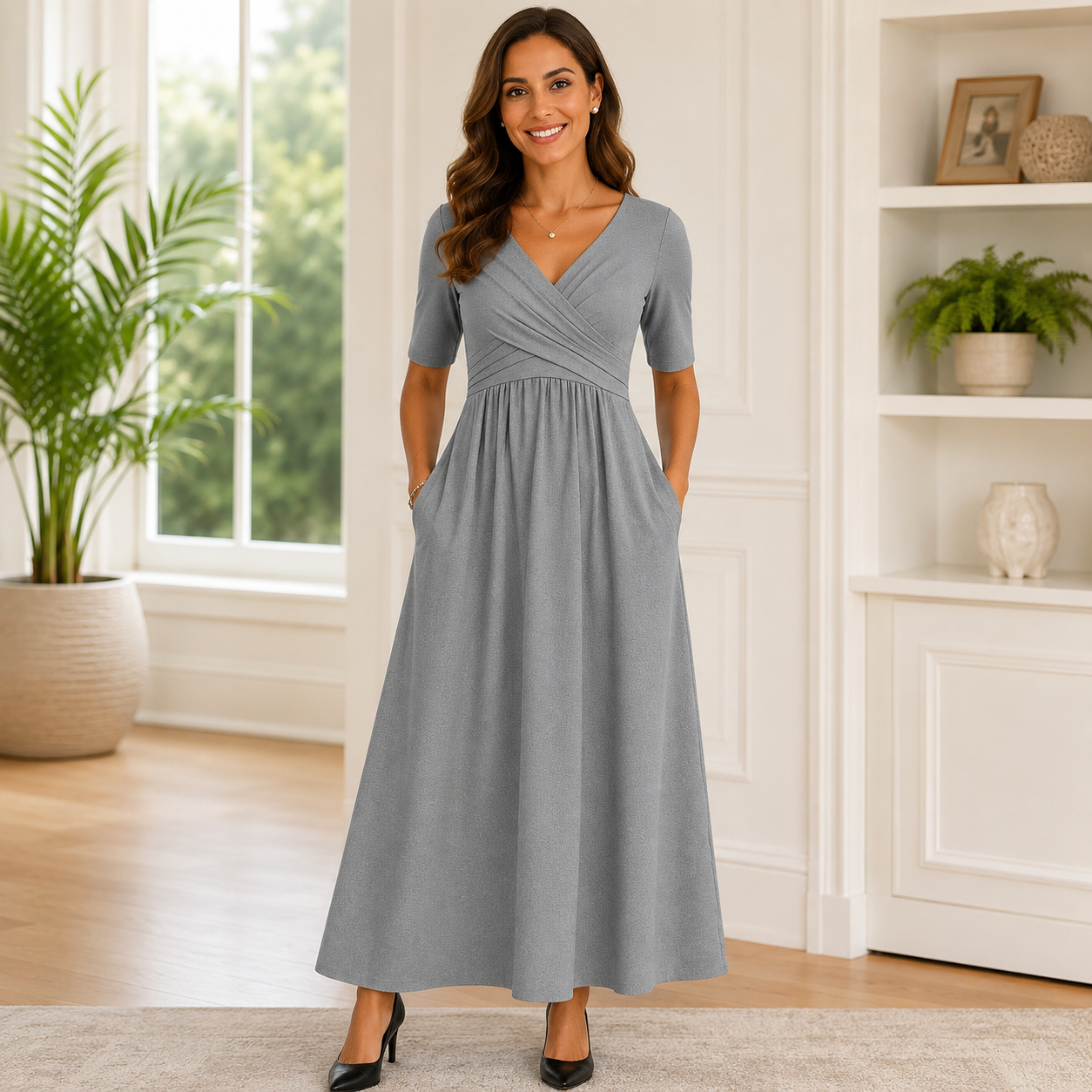 Vestito Midi da Donna – Maniche, Tasche Laterali, Abito Casual da Giorno