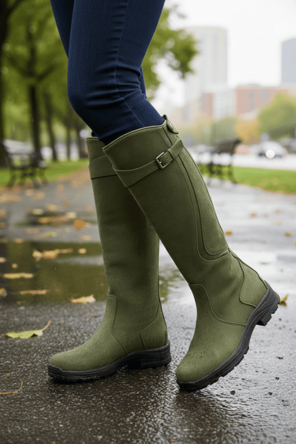 Buckle Suede Lug Sole Knee High Boots