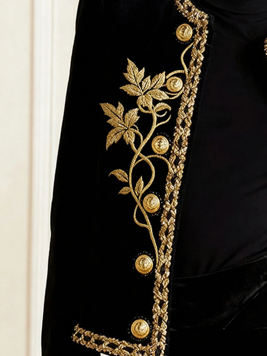 Women's Black Velvet Jacket – Gold Floral Embroidered Long Sleeve Button-Up Coat