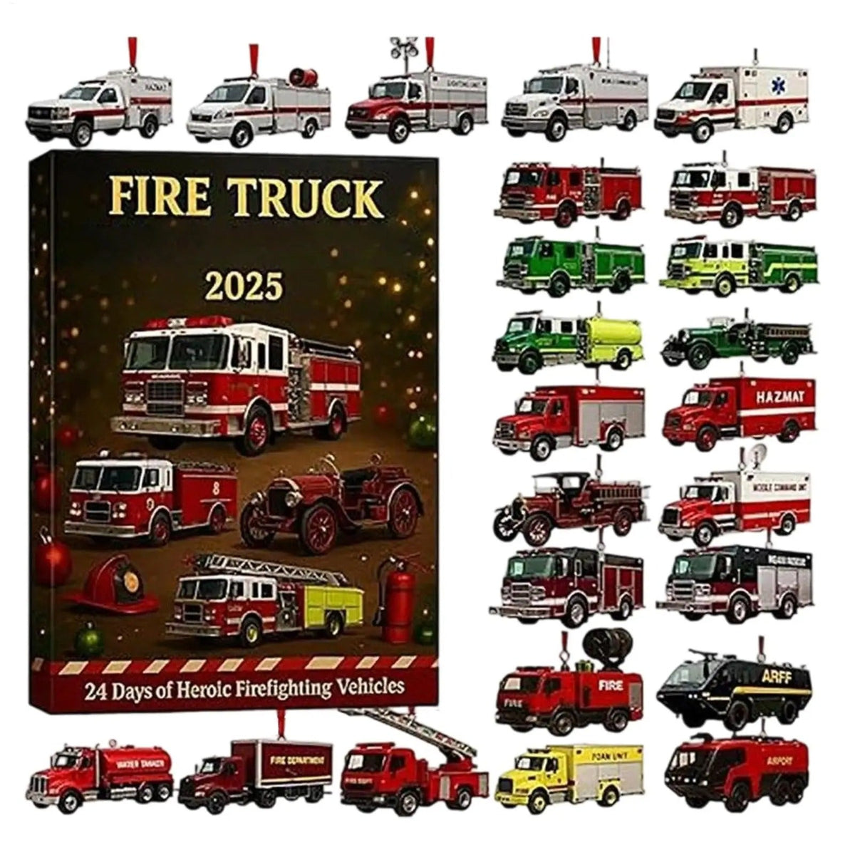 Fire Truck Advent Calendar 2025 – 24-Day Firefighting Vehicle Acrylic Ornaments