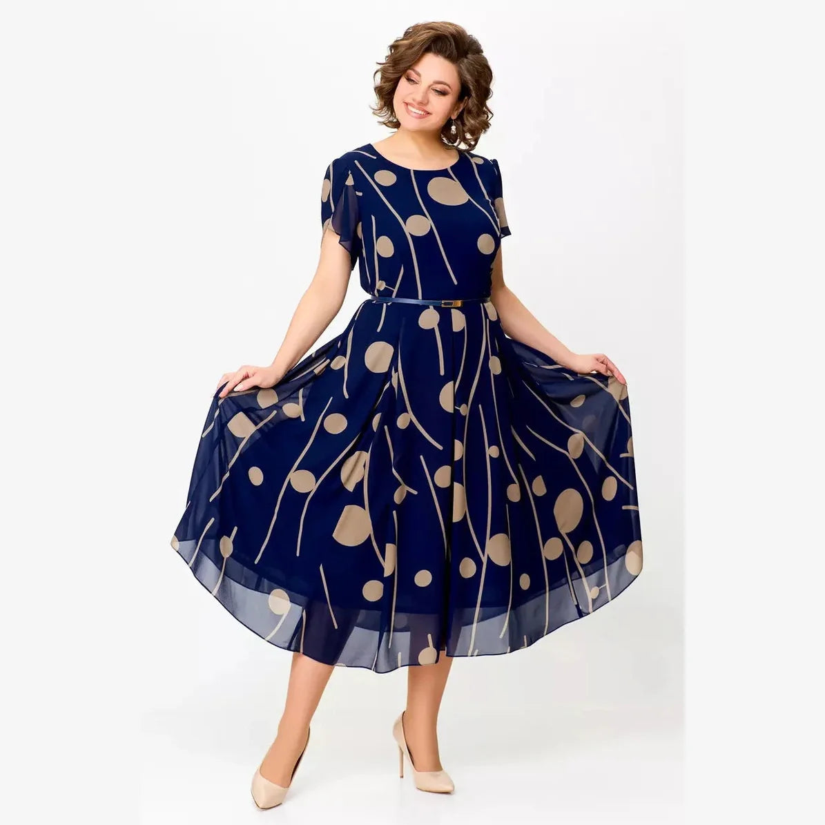Navy Polka Dot Print Chiffon Midi Dress