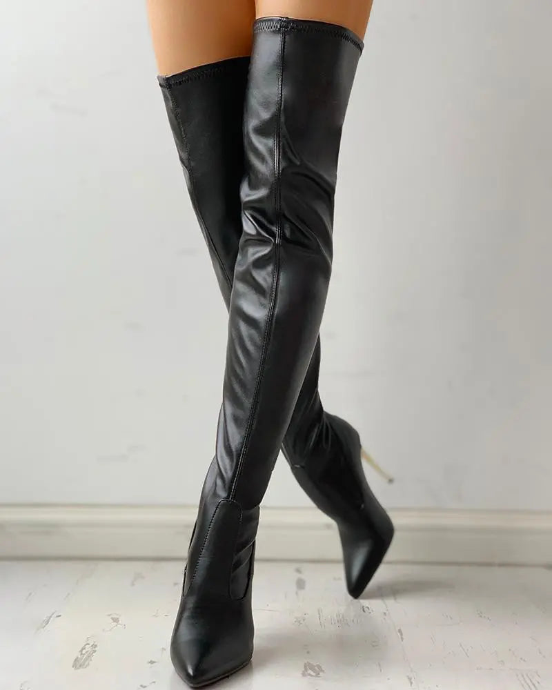 Stiletto Pointed Toe Leather Zip Up Thigh High Boots