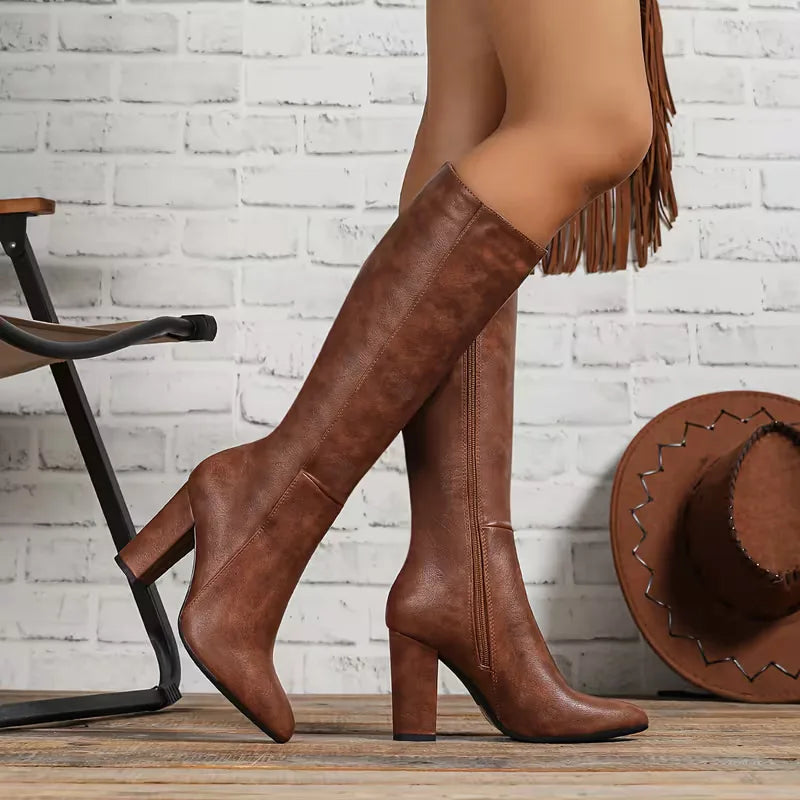 Block Heel Pointed Toe Leather Knee High Boots