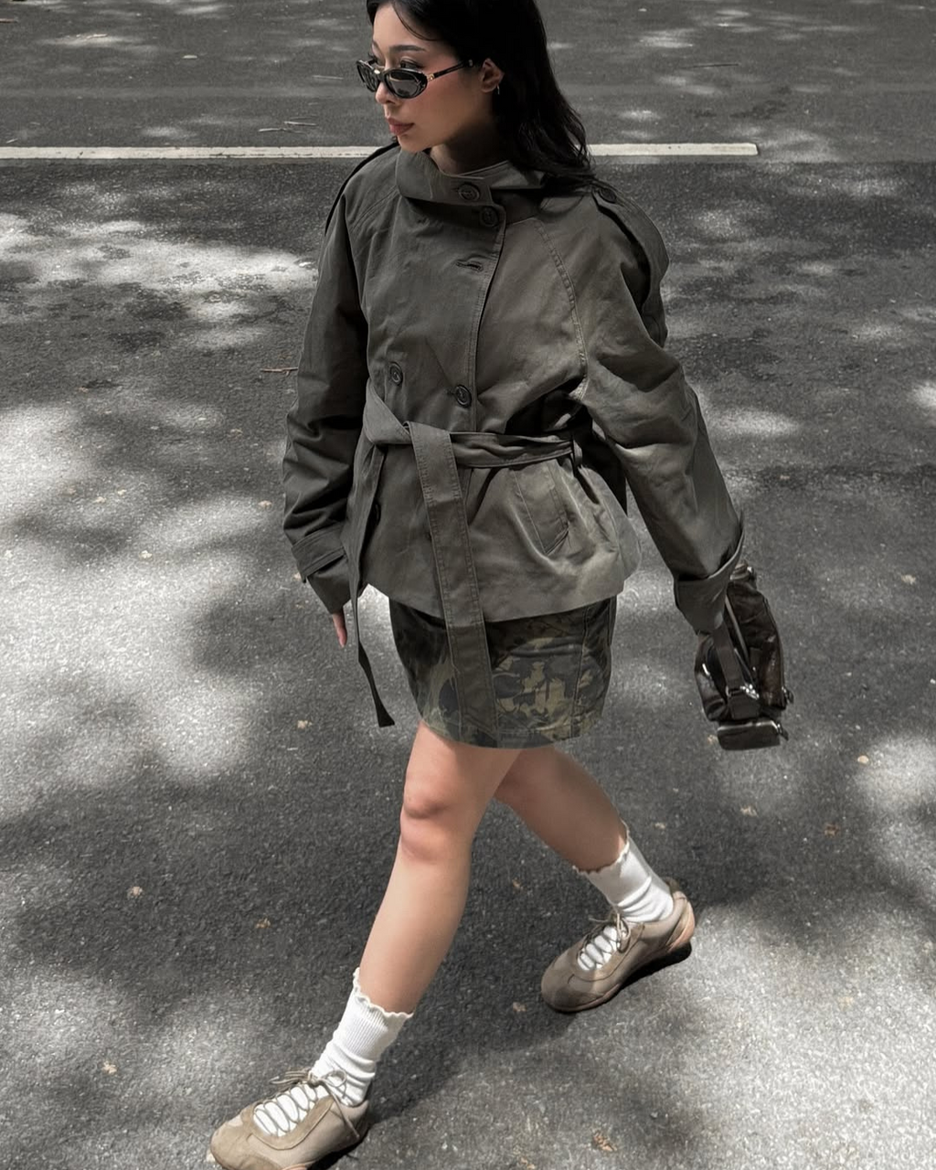Women's Funnel Neck Double Breasted Belted Cropped Trench Coat