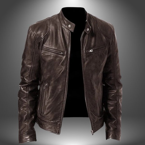 Men’s Leather Biker Jacket – Zip-Up with Stand Collar and Pockets