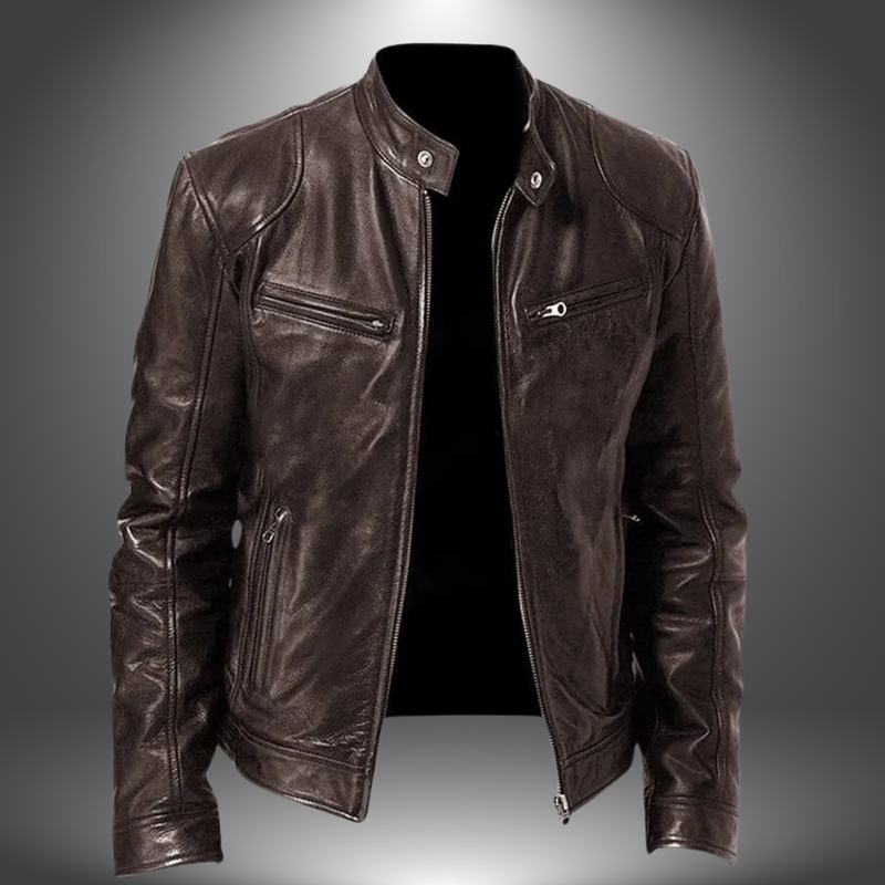 Men’s Leather Biker Jacket – Zip-Up with Stand Collar and Pockets