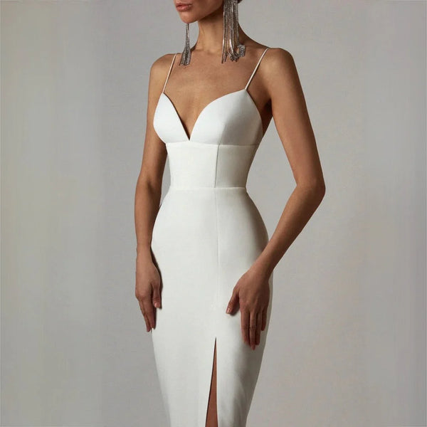 Women's V-Neck Spaghetti Strap Bodycon Dress – Flattering Fit for Weddings & Parties