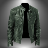 Men’s Leather Biker Jacket – Zip-Up with Stand Collar and Pockets
