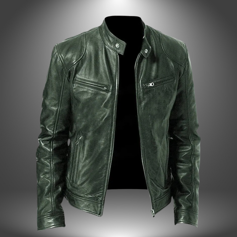 Men’s Leather Biker Jacket – Zip-Up with Stand Collar and Pockets