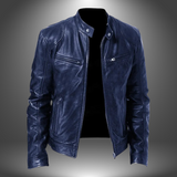 Men’s Leather Biker Jacket – Zip-Up with Stand Collar and Pockets